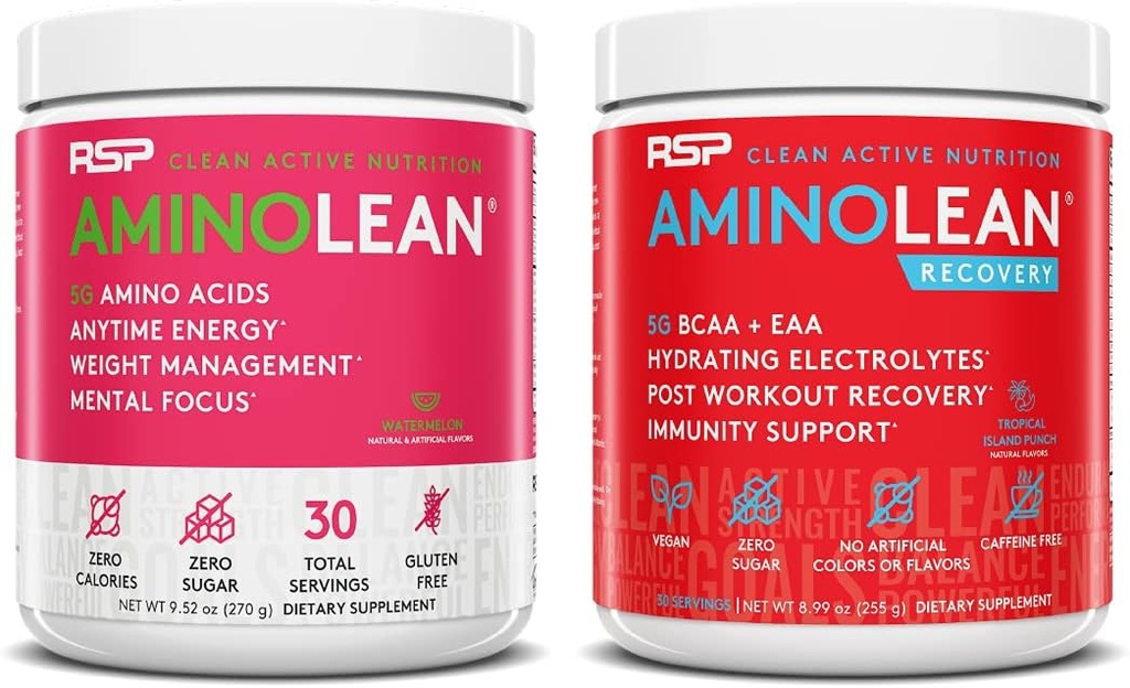 RSP NUTRITION AminoLean Pre Workout Energy (Watermelon 30サービング) with AminoLean Recovery Post Workout Boost (Tropical Island Punch 30サービング)