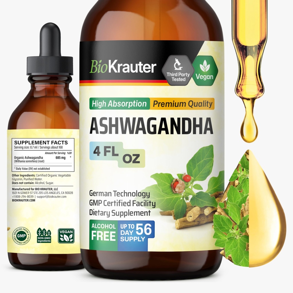 BIO KRAUTER Ashwagandha 液体ドロップ - Ashwagandha 健康のためのサプリメント - ビーガン気分のサポートドロップ - アルコール & 砂糖無料 - 4 Fl.Oz.