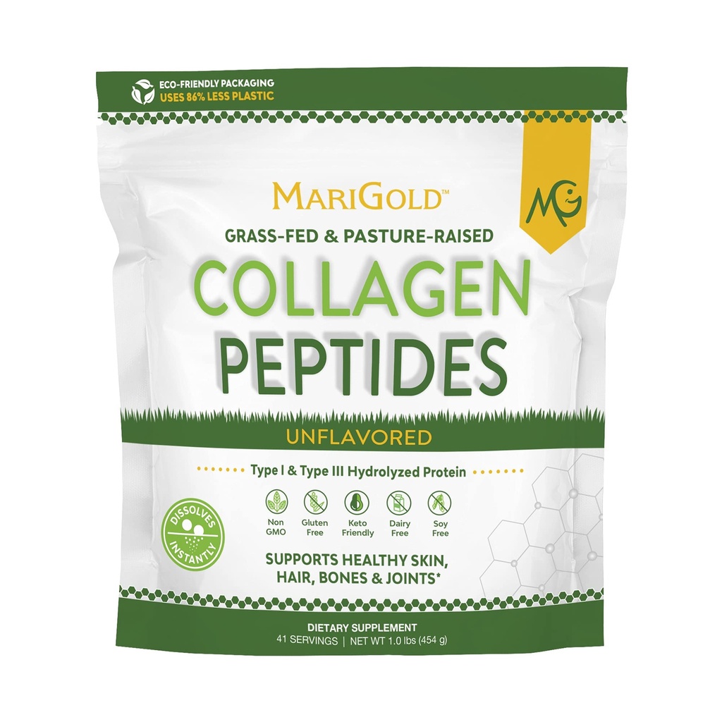 MariGold の草供給されたコラーゲンのペプチッド粉は 1LB - 100% の純粋で、タイプ I 及び III の牛の加水分解されたコラーゲン、非 GMO のホルモングルテンフリー、Keto-Friendly の混合し易いです