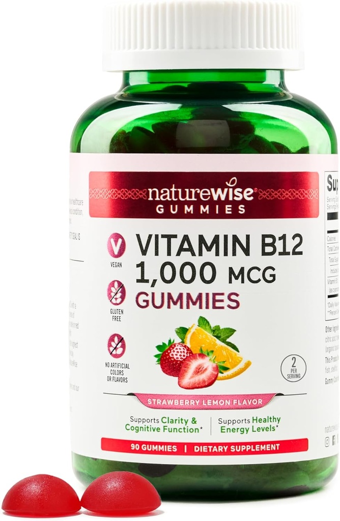 NatureWiseビタミンB12大人のためのグミー、1000 mcg - イチゴレモンフレーバー - 毎日エネルギー、精神的な明快さ、認知機能をサポートしています - ビーガン、グルテンフリー、非GMO - 90カウント[45日の供給]