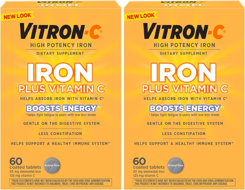 Vitron-C Iron Supplement, Once Daily, High Potency Iron Plus Vitamin C, Support Red Blood Cell Production, Dye Free Tablets, 60 Count, 2 Pack