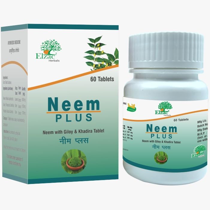 Elzac Herbals Neem Plus Tablets – 60 Tablets | With Giloy & Khadir | Herbal Supplement for Skin & Wellness Support
