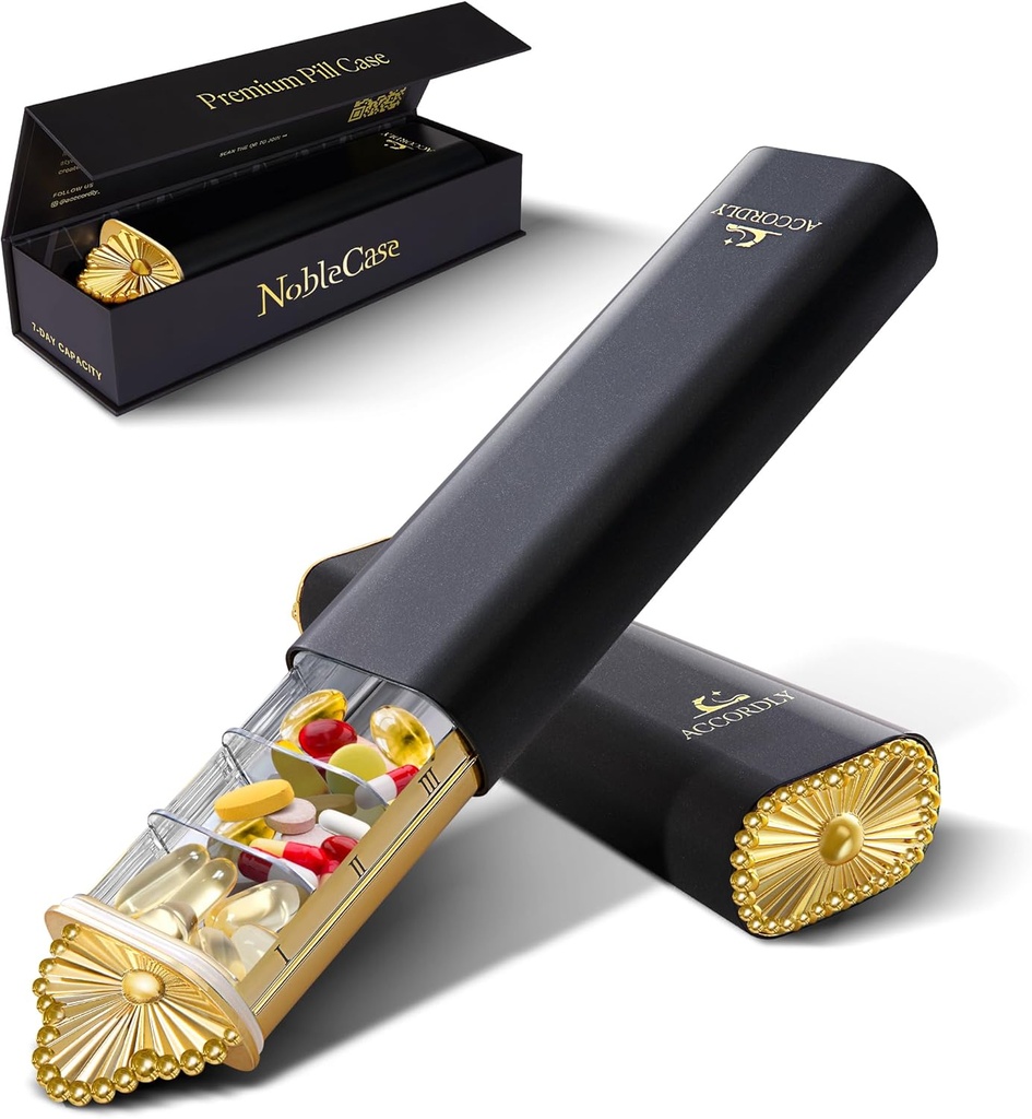 プレミアムウィークリーピルオーガナイザー、財布、ビタミン、薬、サプリメント、ラグジュアリーウェルネスギフトのための軽量ゴールドアルミピルボックスのための7日間コンパクトピルケース