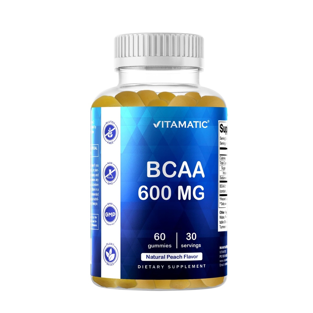 ヴィータマチックBCAAグミー - ブランチチェーンアミノ酸サプリメント - ピーチ風味 - サービングあたりの600mg - 60ビーガンペクチンベースのグミー(1ボトル)