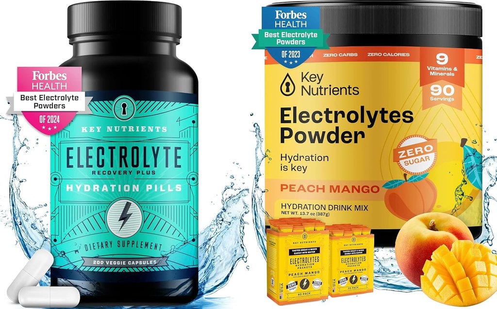 KEY NUTRIENTS Hydration & Energy Electrolyte Bundle - 電解質錠 & トロピカルピーチマンゴーマルチビタミンパウダー、砂糖フリー