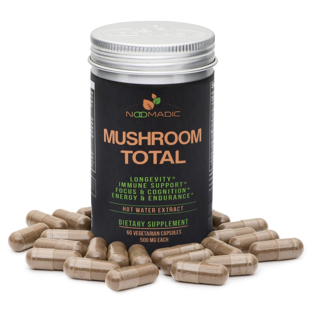 Noomadicのきのこの合計、60のカプセル、500mg、30%のベータ グルカン、ライオンのマネ、トルコの尾、チャガ、Reishi、Cordycepsの熱湯のエキス、フルーツのボディの適応性のきのこの複合体。