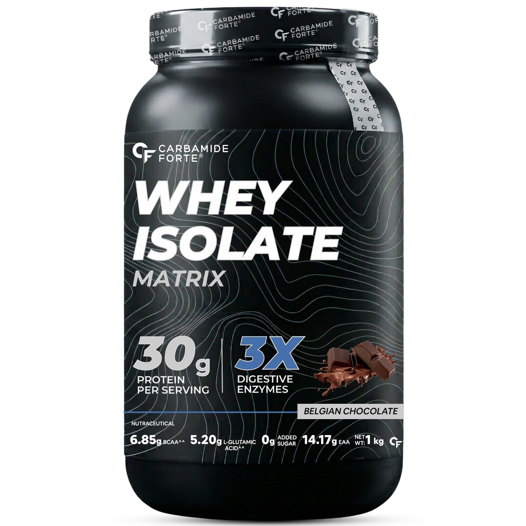 Carbamide Forte Whey Protein Isolate Matrix 1kg | 30g Protein, 6.85g BCAAs, 14.17g EAAs & 5.20g L-Glutamic Acid | Whey Protein Powder with 3X Digestive Enzymes, 10 Vitamins & 7 Minerals | Belgian Chocolate