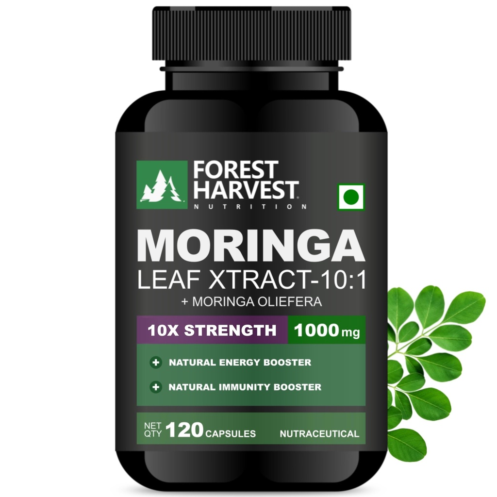 Moringa Leaf Extract Capsules | Herbal Supplement | 10:1 Concentrated Extract | Source of Natural Antioxidants | 120 Veg Capsules | WHO-GMP, ISO, HACCP Certified