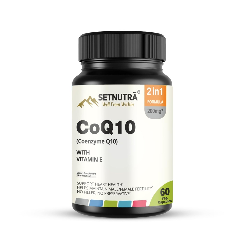 SETNUTRA CoQ10 with Vitamin E – 200mg Coenzyme Q10 Supplement | Supports Heart Health & Fertility | 2-in-1 Antioxidant Formula | 60 Veg Capsules | No Fillers or Preservatives