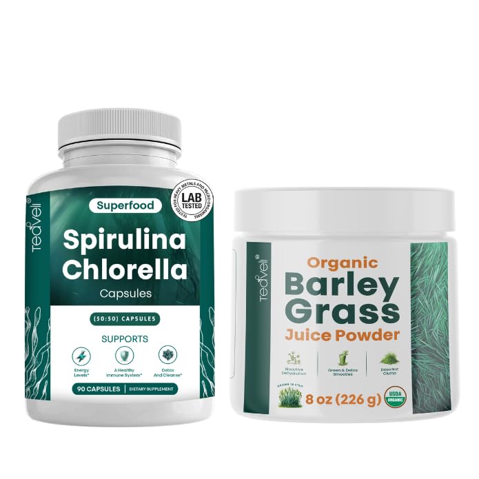 TeaveliのSpirulinaおよびChlorellaのカプセルおよびOrgaic Barleyの草ジュースの粉の束