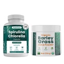 TeaveliのSpirulinaおよびChlorellaのカプセルおよびOrgaic Barleyの草ジュースの粉の束