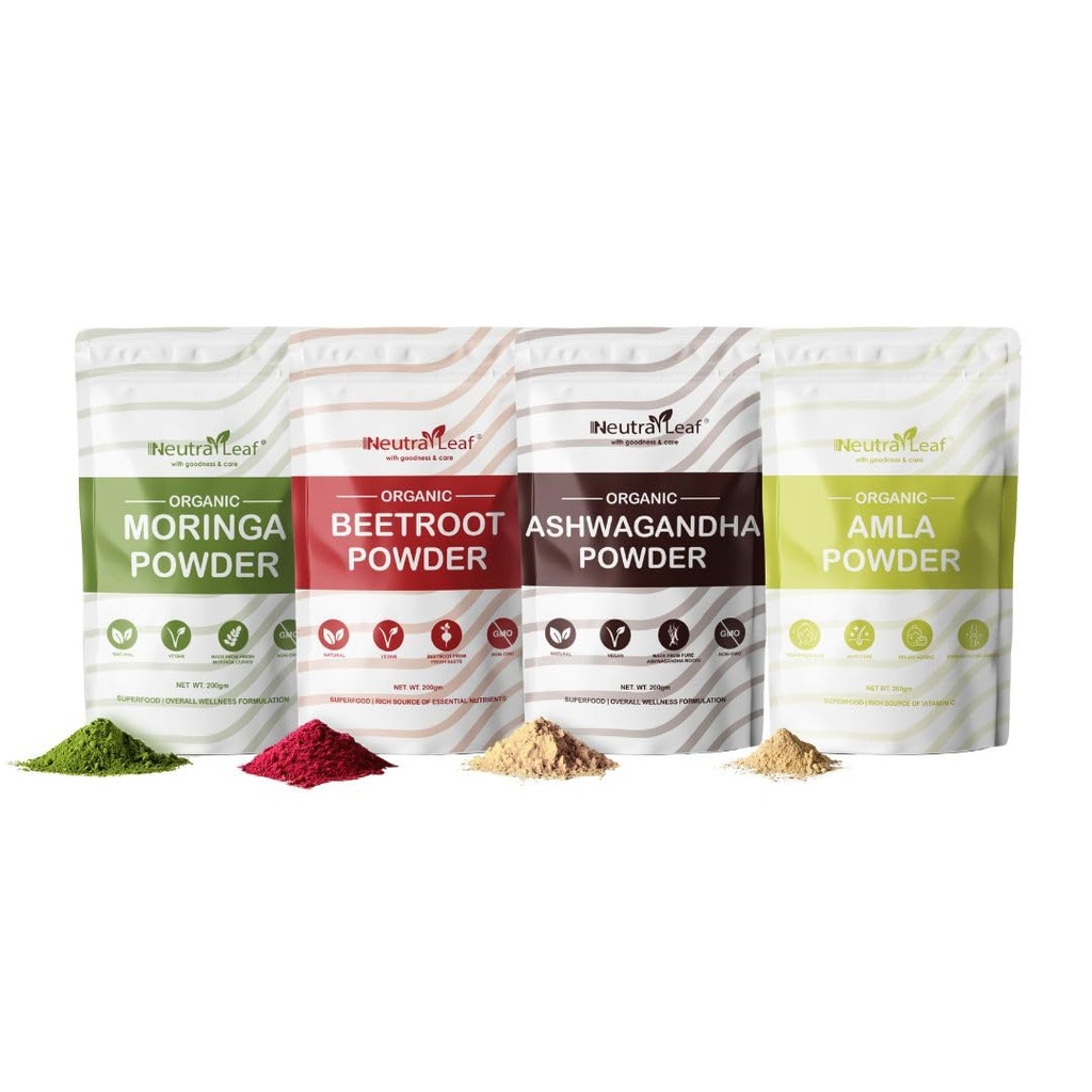 NeutraLeaf Green Soul 4-in-1 Organic Superfood Combo 800g (Pack of 4 x 200g) – Moringa Powder, Beetroot Powder, Amla Powder & Ashwagandha Powder | For Energy, Immunity, Digestion, Stress Relief, Skin & Hair Health |