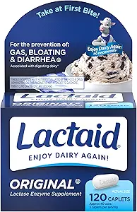 Lactaid Original Strength Lactose Intolerance Relief Caplets with Natural Lactase Enzyme, Dietary Supplement to Help Prevent Gas, Bloating & Diarrhea Due to Lactose Sensitivity, 120 ct