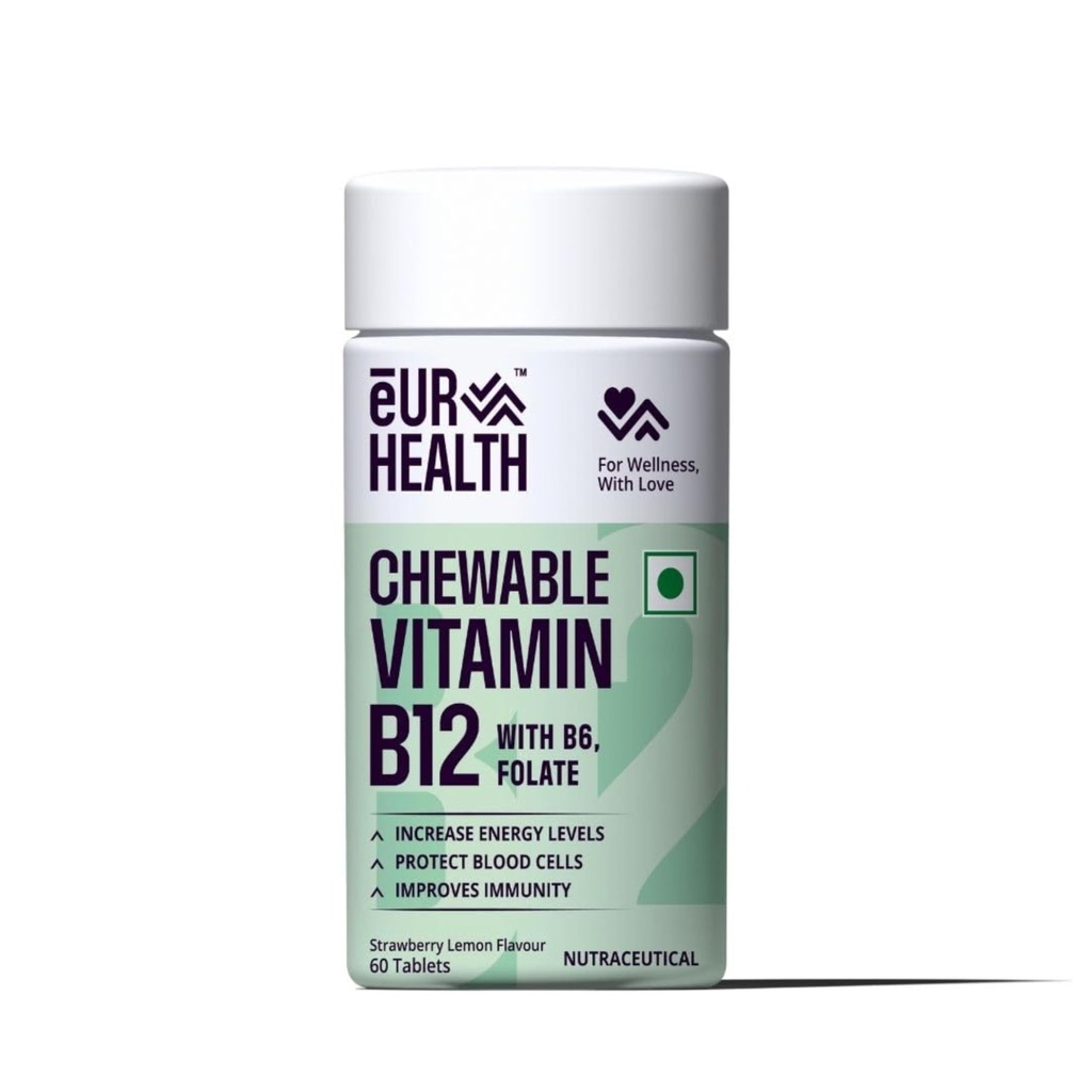 Eur Health Vitamin B12 with Methyl Folate Vitamin B6 Chewable Tablets Strawberry andLemon Flavor - 60 Tablets