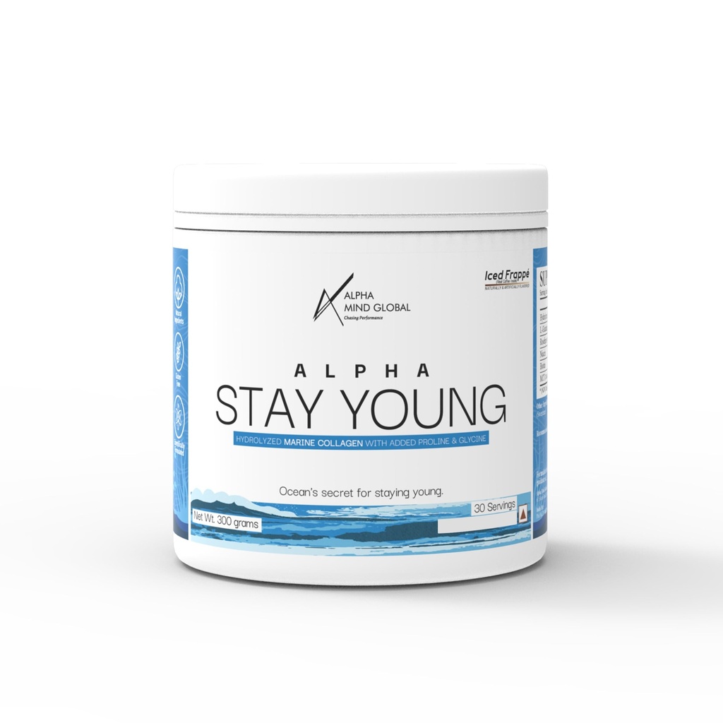 Alpha Stay Young :- Hydrolyzed Marine Collagen Peptides (TYPE 1 & 3), L-Glutathione, Rosehips, Niacin, Biotin, MCT(C8 & C10) (Iced Frappe)