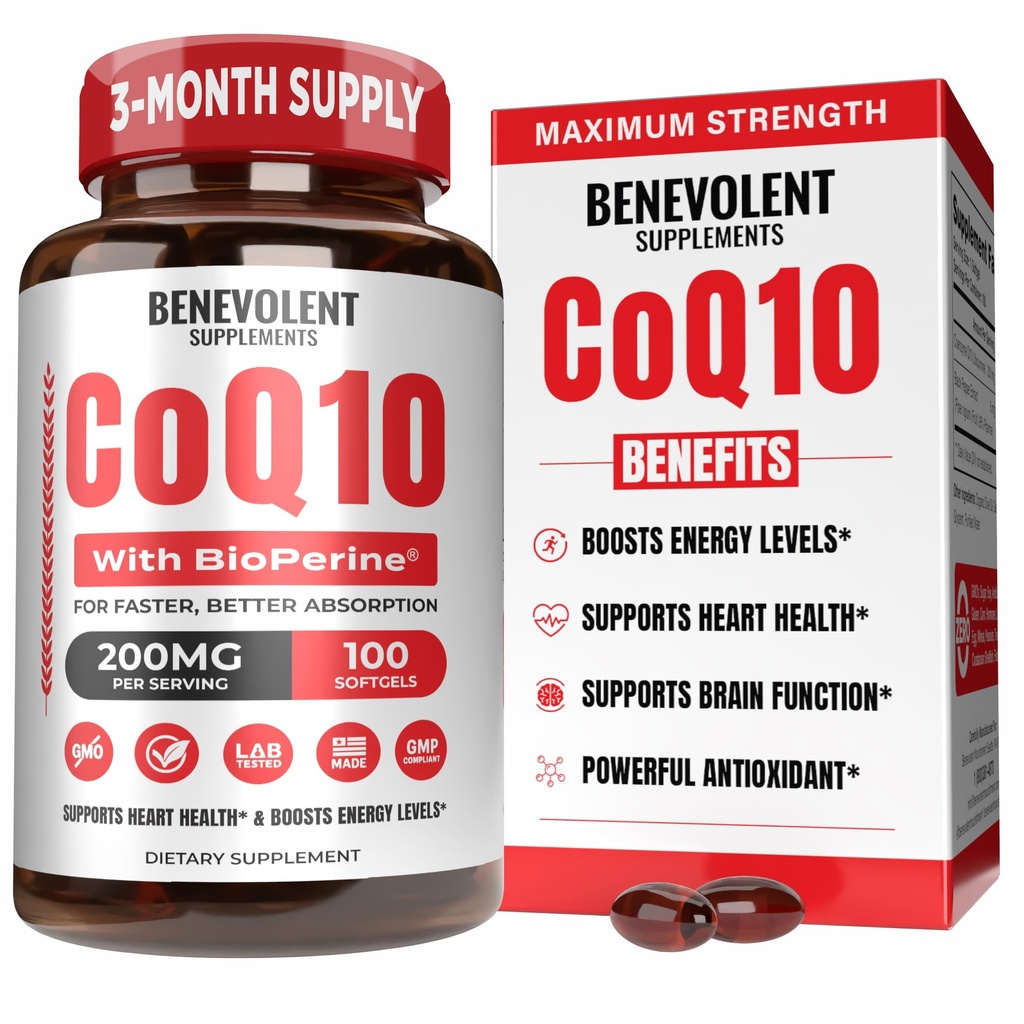 最高の吸収のためのBioPerine®のBenevolentの純粋なCoQ10 200mg Softgels、中心の健康、エネルギー生産、健康な老化及び酸化防止サポート、100 SoftgelsのためのUbiquinone Coenzyme Q10の補足