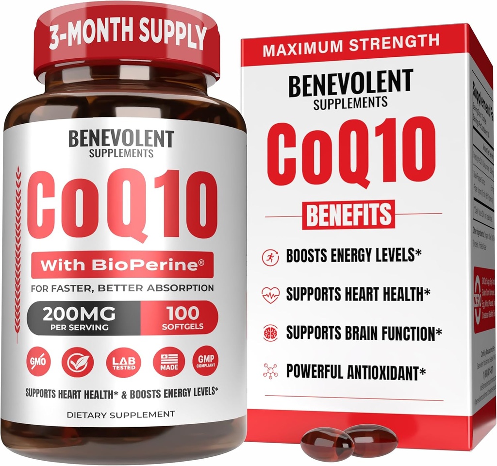 最高の吸収のためのBioPerine®のBenevolentの純粋なCoQ10 200mg Softgels、中心の健康、エネルギー生産、健康な老化及び酸化防止サポート、100 SoftgelsのためのUbiquinone Coenzyme Q10の補足