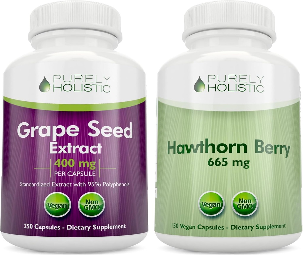 純粋にホリスティックグレープ種子エキス400mg + Hawthornベリー665mgバンドル - 400ビーガンカプセル - アメリカ製