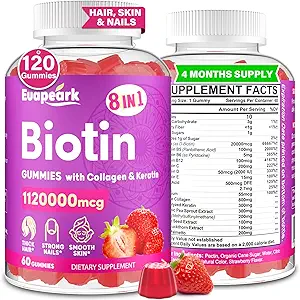 女性および人のためのBiotinのグミー、1つの有機式、ケラチン、葉酸及びビタミン、毛の成長、皮および釘の補足のための最高の強さのビオチンおよびコラージュのグミー、砂糖の自由な、120の計算