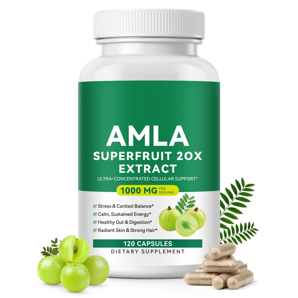 Amla Capsules 1000mg 20X Concentrated Amla Superfruit Capsules for Digestive Support, Skin & Hair 120 PCS