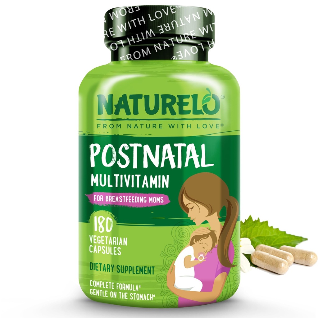 NATURELO Postnatal Multivitamin - Breastfeeding Womenのサプリメント - 植物ベースのビタミンD、葉酸塩、玄米鉄 - 授乳中の母親、赤ちゃん - ポストナタール授乳サポート180カプセル