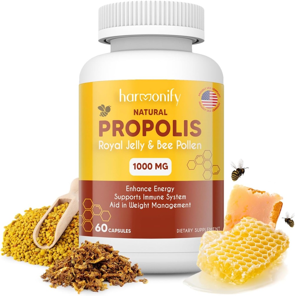 Bee Pollen Propolis Carob、純粋な免疫サポートサプリメント、グルテンフリー、ベジタリアンカプセル、1000mg