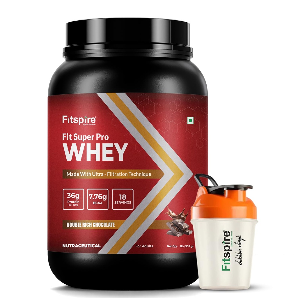 Fitspire Fit Super Pro Whey Protein Powder, Double Rich Chocolate, With Shaker | Whey Isolate & Concentrate Blend | 36g Protein per 100g | Enzymes & Probiotics | Supports Muscle Growth & Recovery | No Added Sugar