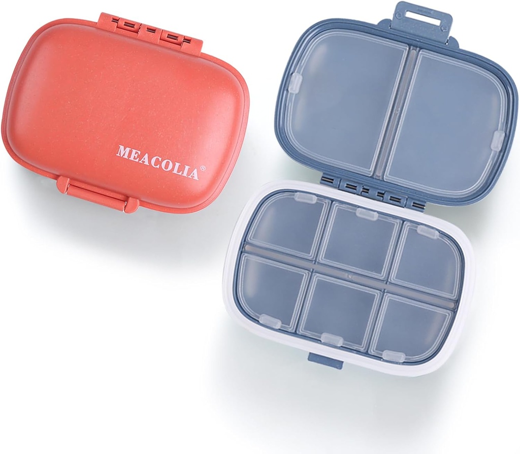 MEACOLIA 2のパック8のコンパートメント旅行の丸薬のビタミン(暗い青及び赤)のためのポケット パーズの毎日の丸薬のホールダーの容器のためのPillの箱の湿気の証拠の小さい丸薬の箱