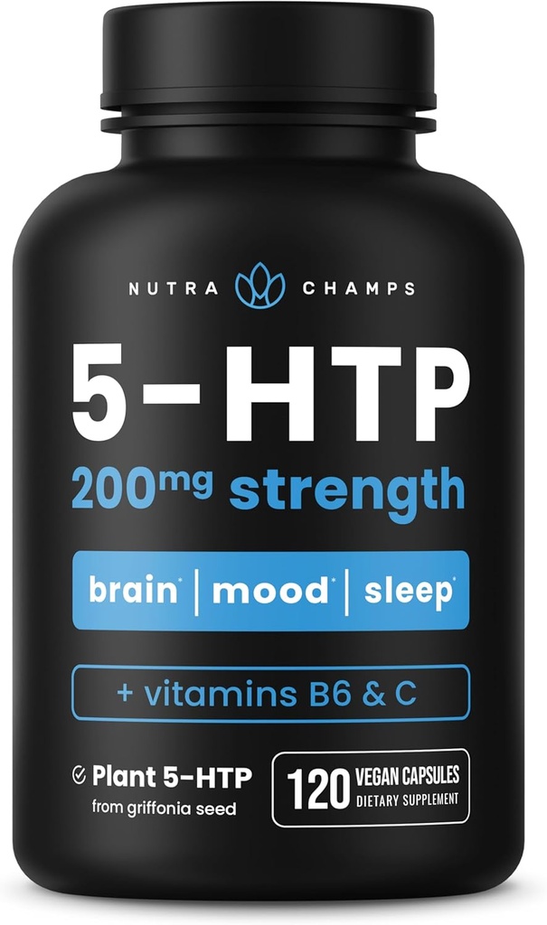 NutraChamps 5-HTP 200mg、120ビーガンカプセル、純粋な5HTP 100mgプラスコファクタービタミンB6&ビタミンC