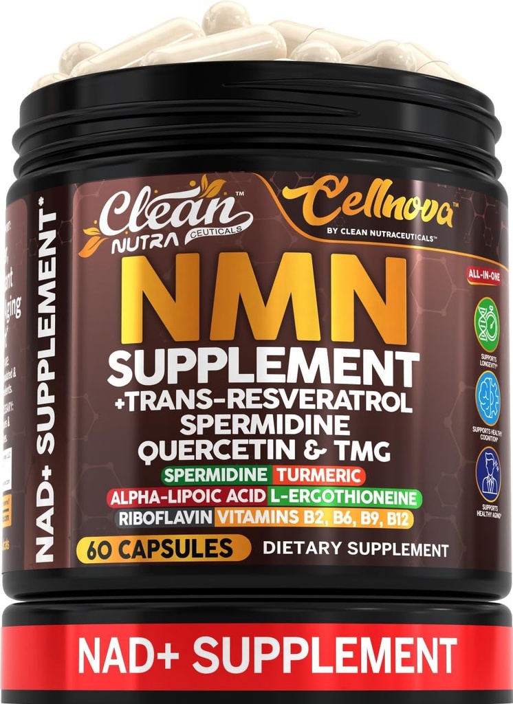 Clean Nutra NMN Supplement 500mg Trans Resveratrol Spermidine Quercetin TMG CoQ10 Complex — Cellnova NAD+ Support All-in-One Longevity Stack for Men and Women — 60 Vegetarian Capsules