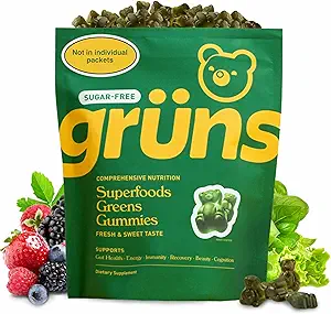 Grunsの大人の砂糖なしの極度の緑のグミ - Spirulina、Chlorella、Digestive健康のための繊維及びプレバイオティクス、20のビタミン及び鉱物、2週の供給が付いている適応物質の補足