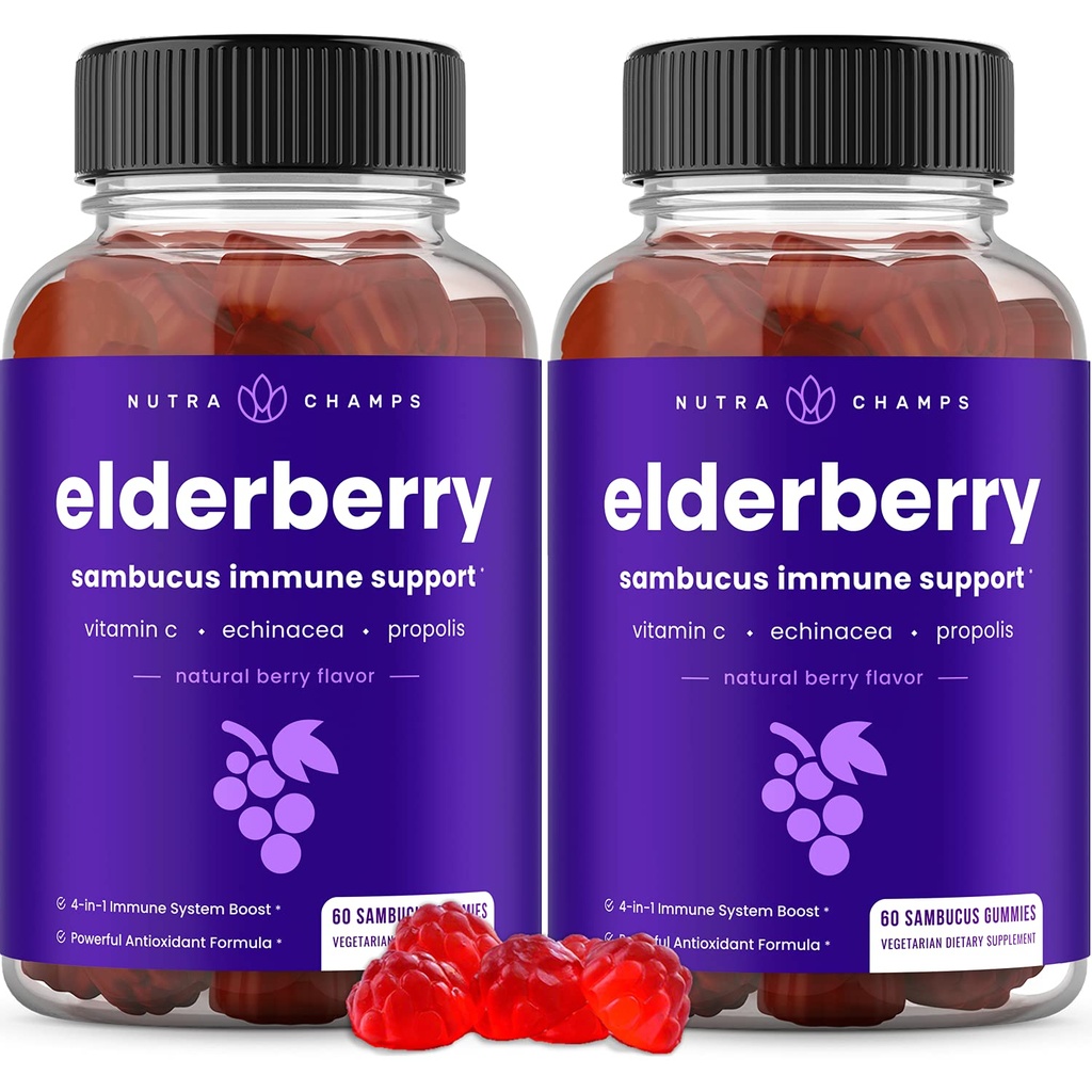 NutraChamps Elderberry Gummies、Sambucus Elderberry Gummies for 大人&子供、ビタミンC、プロポリス&エキナセア、マックス強度免疫サポートグミー、ナチュラルベリー風味、120グミー(パッケージ2)