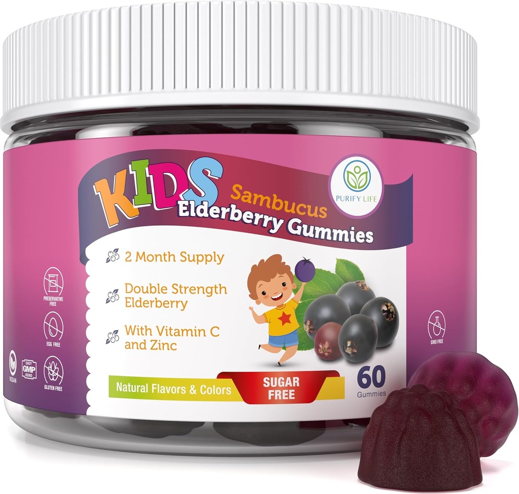 Purify Life Sugar-Free Kids Elderberry Gummies with Vitamin C & Zinc – Daily Immune Support Supplement for Children, Sambucus Antioxidant, Vegan, 60 Ct