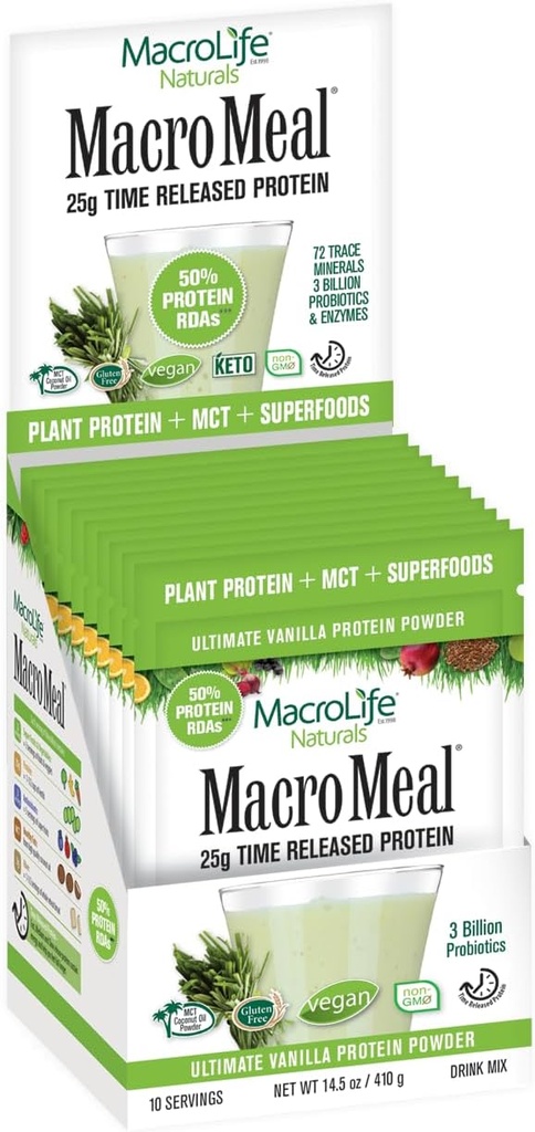 MacroLife Naturals MacroMealビーガンバニラスーパーフードサプリメントパウダープロテイン+グリーン、プロバイオティクス、消化酵素、繊維 - エネルギー、デトックス、免疫 - 非GMO、グルテンフリー10パケットサービング