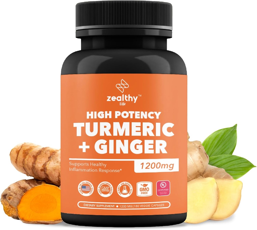 ターメリック + ジンジャーカプセル 1200mg | 関節の快適さ、炎症サポートと消化の健康* | 180カウント | ゼアルティ ライフ 高効力 ターメリックジン サプリメント | 1200mg