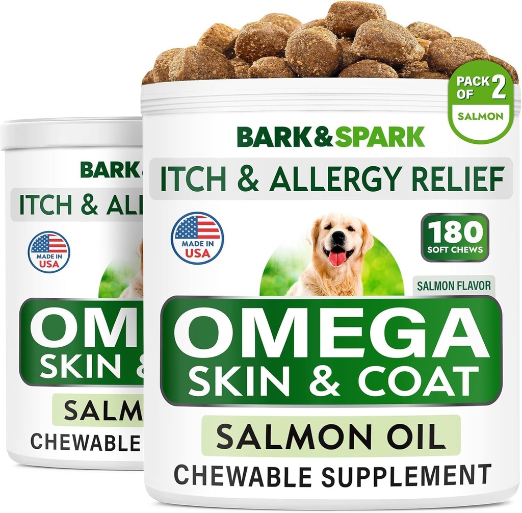 犬のためのBARK&SPARK Omega 3 - 360魚油は、犬の寝具、皮膚アレルギー、痛みの軽減、ホットスポットの治療 - 関節の健康 - 皮膚とコートサプリメント - EPA&DHA脂肪酸 - サーモンオイル