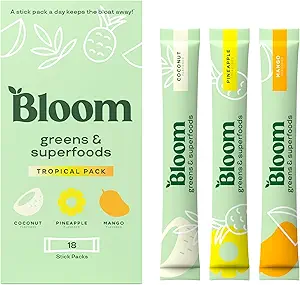Bloom Nutrition Superfood Greens Powder Stick Packs, Digestive Enzymes with Probiotics and Prebiotics, Gut Health, Bloating Relief for Women, Chlorella, Green Juice Mix, 18 SVG, Tropical Variety