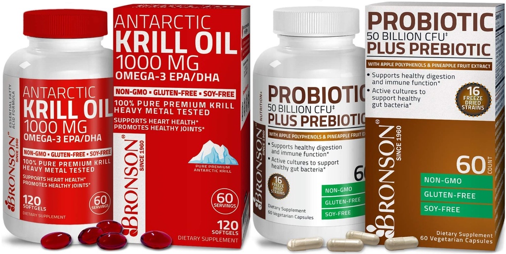 Bronson Probiotic 50 Billion CFU + Appleのポリフェノール及びパイナップルのフルーツのExtracのAntarctic Krillオイル1000 mg Omega-3s EPA DHA