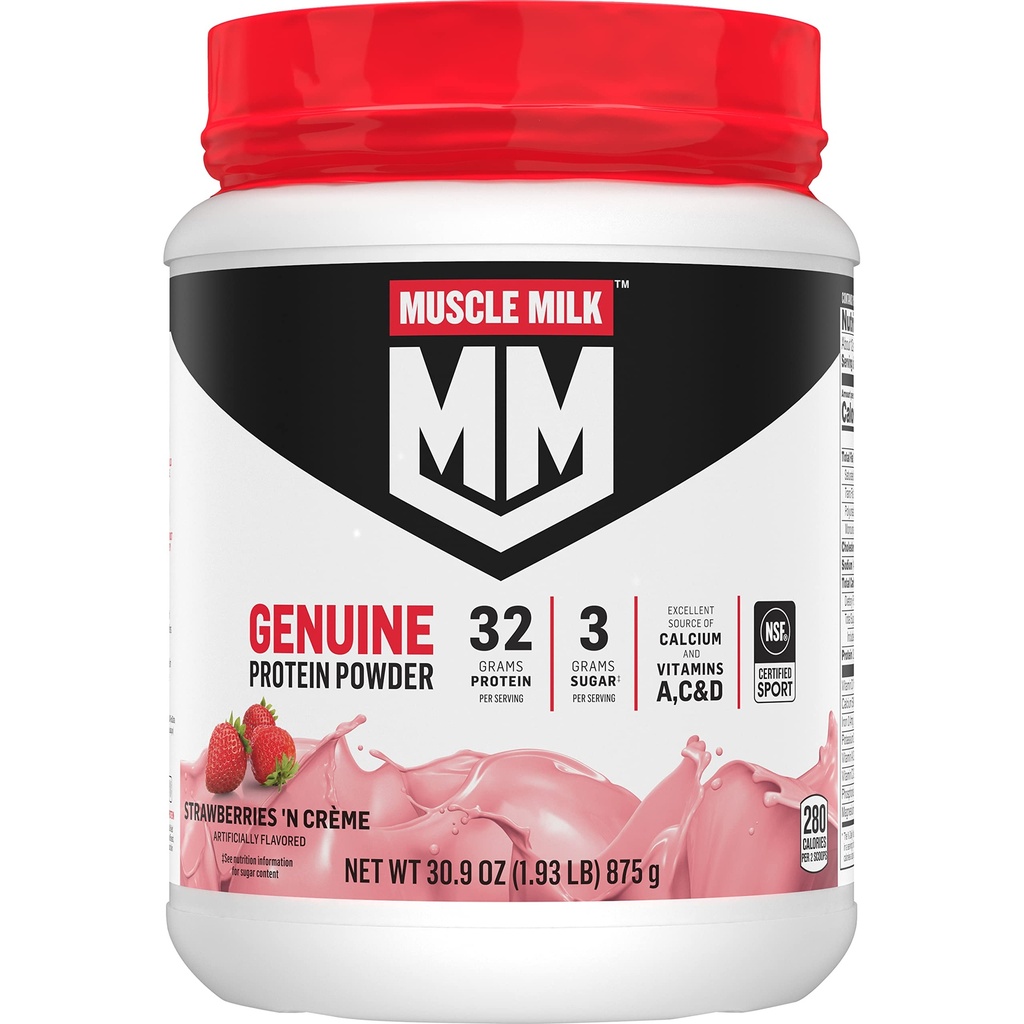 Muscle Milk Genuine Protein Powder, Strawberries ‘N Crème, 1.93 Pounds, 13 Servings, 32g Protein, 3g Sugar, Calcium, Vitamins A, C & D, NSF Certified for Sport, Energizing Snack, Packaging May Vary
