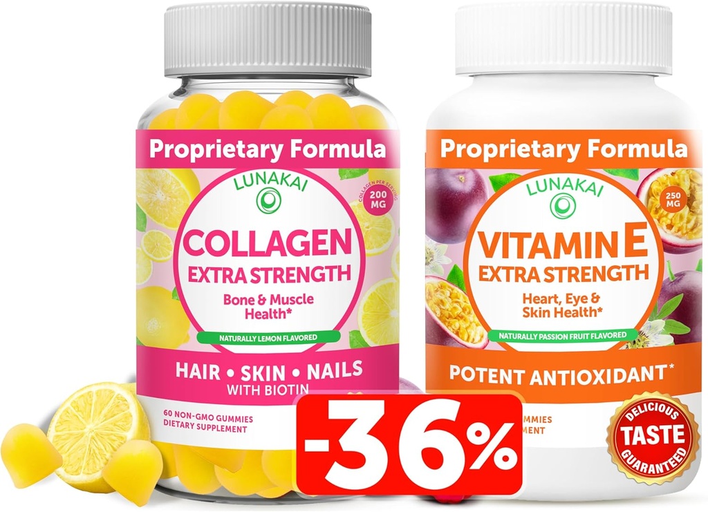 Lunakai Collagen and Vitamin E Gummies Bundle - Non-GMO Anti Aging Supplements for Men & Women - Natural Gummy with Vitamin C & 250 mg Natural VIT E