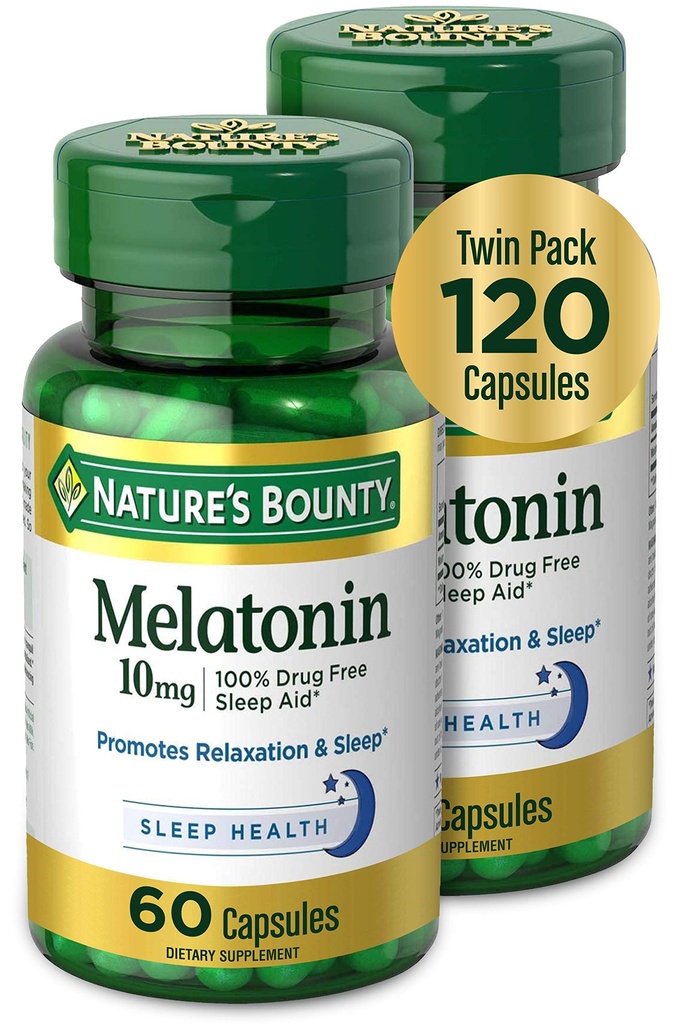 Nature's Bounty Melatonin、リラクゼーションと睡眠健康を促進、10mg、カプセル、60Ct(2パック)
