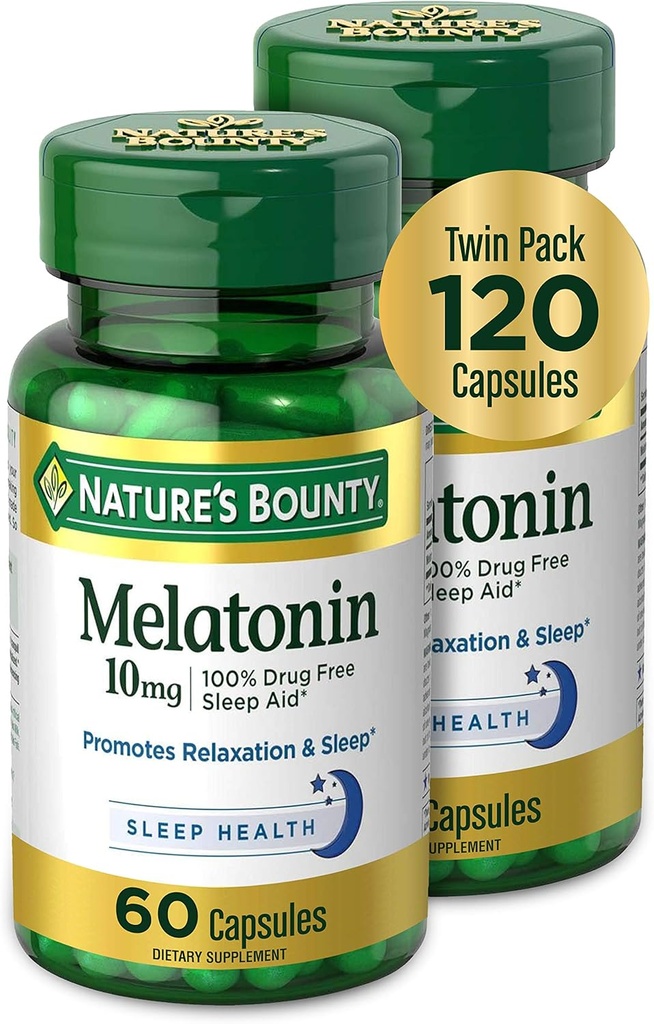 Nature's Bounty Melatoninは、リラックスと睡眠の健康を促進します, 10mg, カプセル, 60 Ct (2パック)
