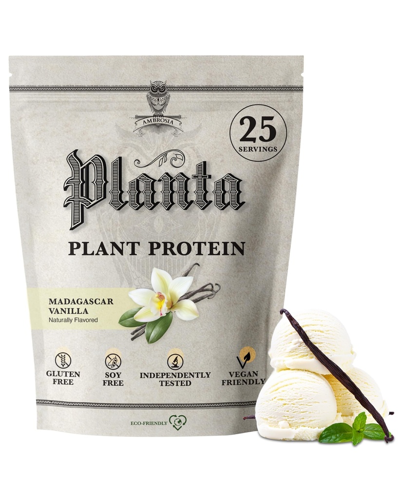 Ambrosia Planta - プレミアムプラントベースのプロテイン | ビーガン&ケトフレンドリー | グルメフレーバー ノンブロワートまたは胃のアップセット | グルテンフリー&大豆フリー | 砂糖なし | 25 調味料 | バニラ