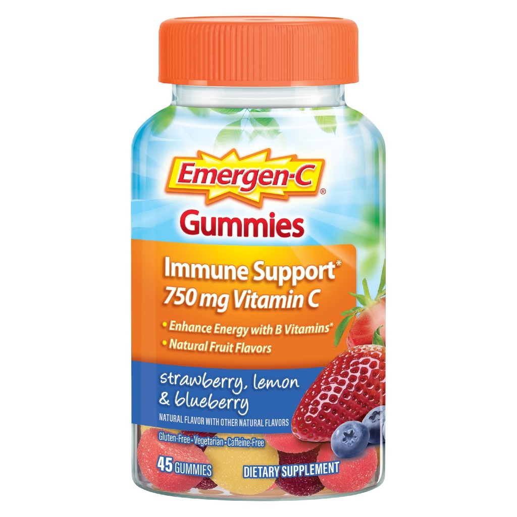 大人のためのEmergen-C 750mgビタミンCグミ、免疫サポートグミ、グルテンフリー、イチゴ、レモン、ブルーベリー味 - 45カウント