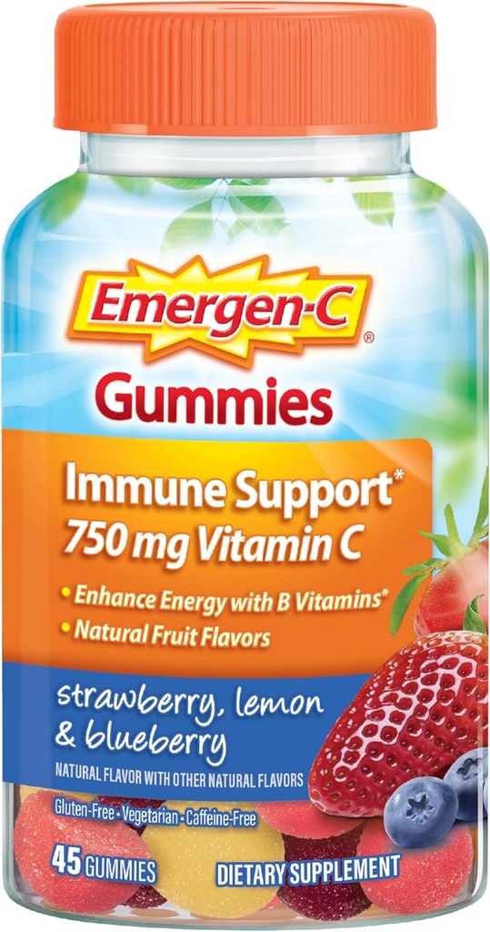大人のためのEmergen-C 750mgビタミンCグミ、免疫サポートグミ、グルテンフリー、イチゴ、レモン、ブルーベリー味 - 45カウント