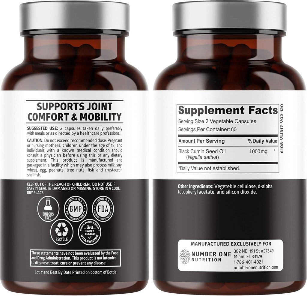 ナンバーワン栄養N1Nプレミアムブラックシードオイル[最大強度、1000mg]100%コールドプレスニゲラサティバは、消化、免疫システム、関節の快適さとモビリティ、120キャップをサポート