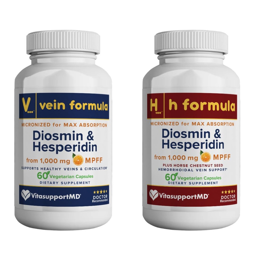 VitasupportMD - 静脈&Hフォーミュラバンドル - 脚静脈と痔静脈のサポート - 2x60カプセル - 1000 mg MPFF、馬栗種子エキス、循環サポート、非GMOからDiosmin&Hesperidin