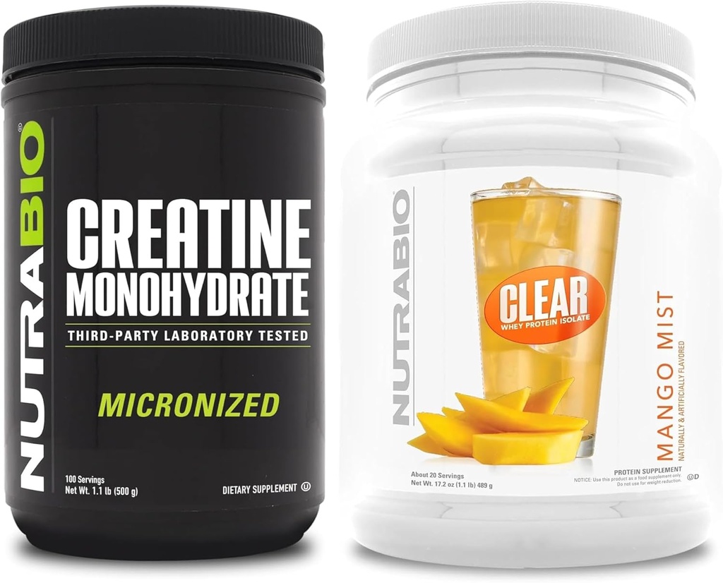 NutraBioクレアチンモノハイドレート、アンフレーバー、(500 g)とクリアウエイプロテイン分離、(マンゴーミスト)サプリメントバンドル - 筋肉エネルギー、最大成長、回復、および強度