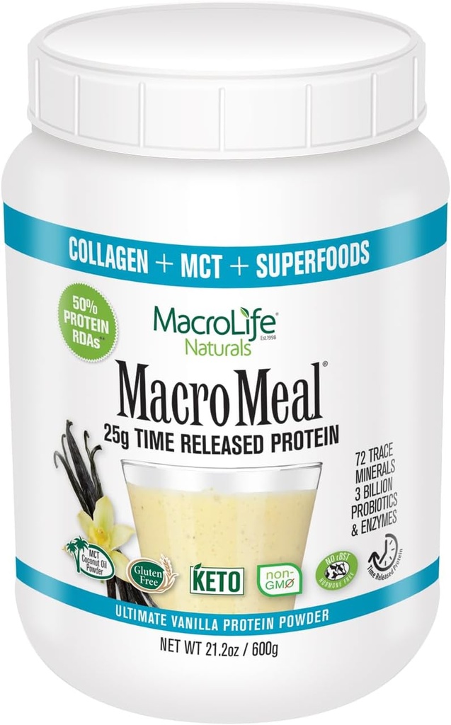 MacroMeal Omni Protein by MacroLife Naturals – 25g Protein – Hydrolyzed Collagen Peptides (90%) – Gluten & Hormone Free – Keto & Paleo Friendly for Sustained Energy - Contains MCT Coconut Oil