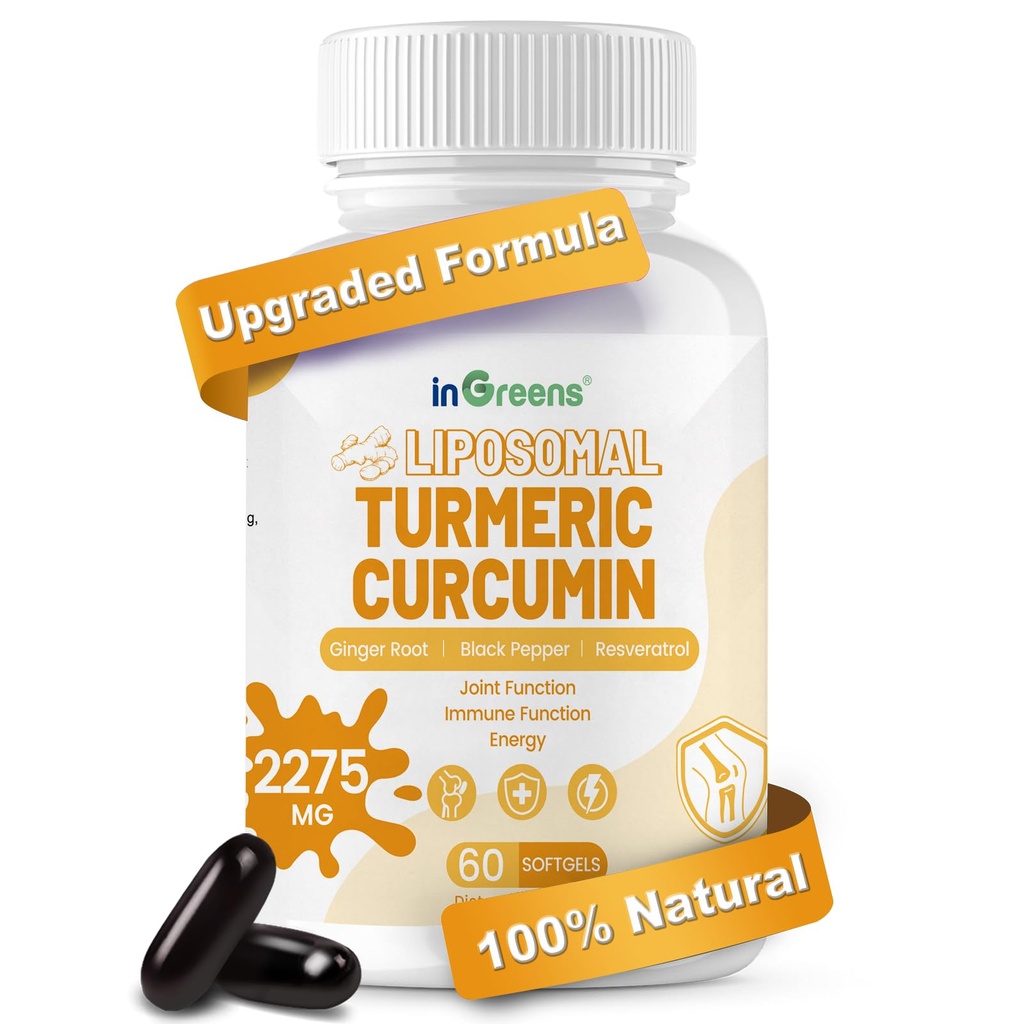 ターメリックサプリメント2275mg、95%クルクミン、ベスト吸収のためのリポソームクルクミン、ジョイントサポートのためのクルクミンサプリメント、米国でボトル入り - 60ソフトゲル